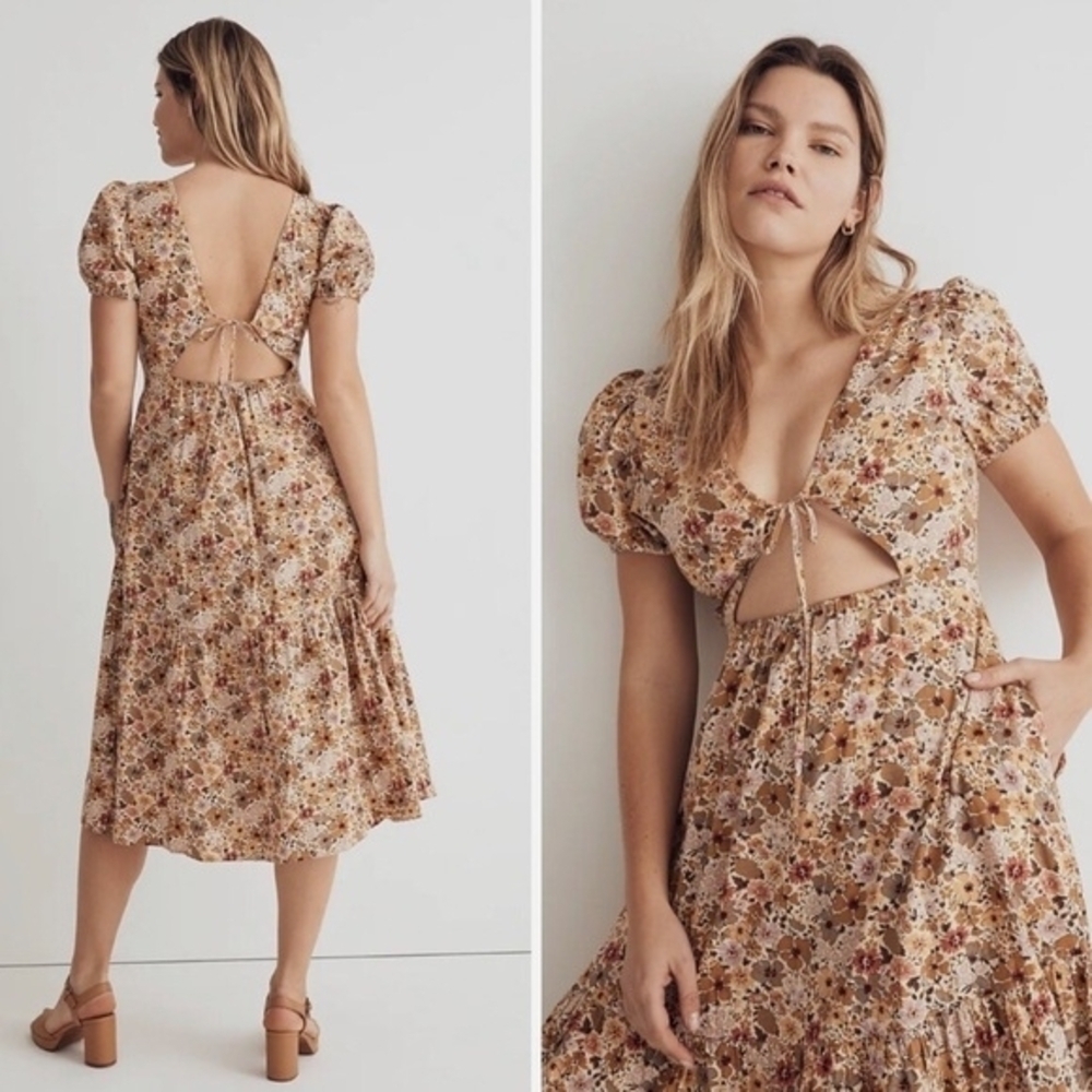 DressMadewell Puff Sleeve Open Tie Back Front Reversible Midi